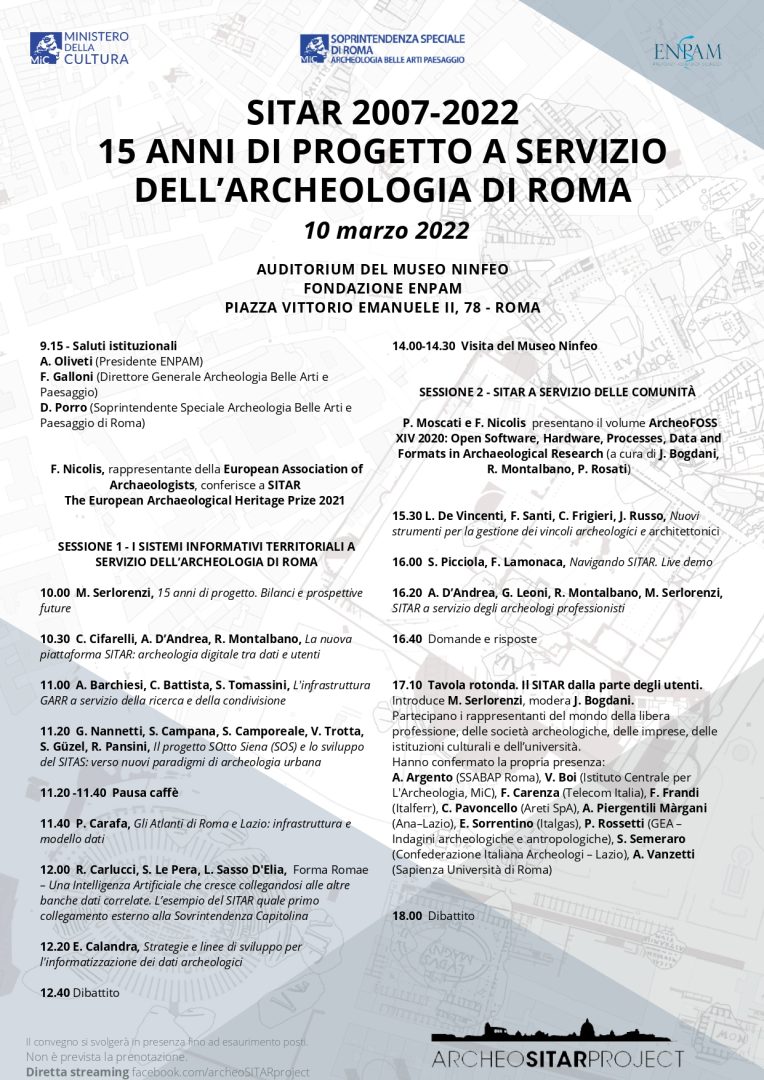 GIORNATA DI STUDI ‘SITAR 2007-2022. 15 ANNI DI PROGETTO A SERVIZIO DELL’ARCHEOLOGIA DI ROMA’